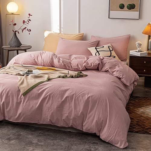 Janlive Washed Cotton Duvet Cover Queen Ultra Soft 100% Cotton Solid Color Dusty Pink Duvet Cover Set with Zipper Closure -3 Pieces Pink Queen thumbnail 2