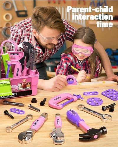 Deejoy Tool Set with Tool Box & Electronic Toy Drill, Pretend Play Kids Construction Kits for Kids Ages 3-5 Years Old, Toddler Tool Set(Pink) thumbnail 2