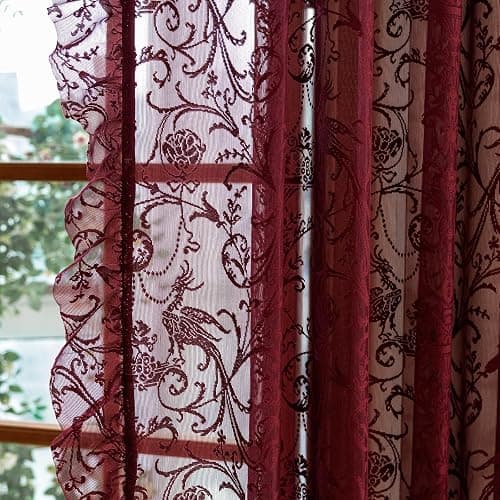 TUDECO Burgundy Sheer Curtains 84 Inches Long for Living Room - Luxury Modern Maroon Lace Curtains for Bedroom, Aesthetic Tulle Rod Pocket Light Filtering Farmhouse Red Drapes, 59 x 84 Inch, Dark Wine - Image 1