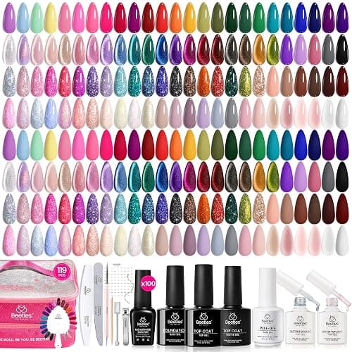 Beetles 100 Colors Gel Nail Polish Set, 119 PCS Nail Polish Kit All Season Cat Eye Pink Blue Jelly Glitter Pearl Gel Polish & 5Pcs Base Top Coat Soak off UV Manicure Nail Art Home Gifts for Women thumbnail 7