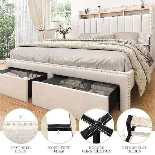 SIBEDS Full Bed Frame with 2-Tier Storage Headboard, Smart LED Beds with 2 Under Bed Storage Drawers, Linen Upholstered Platform Bedframe with Vertical Channel Tufted Wingback Rivet Decor, Natural thumbnail 6