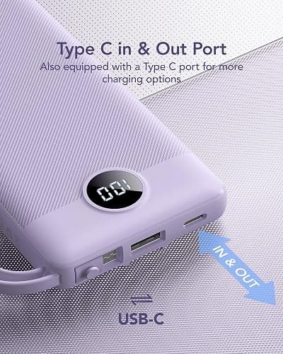 VRURC Portable Charger Power Bank, 10000mAh Travel Essentials Battery Pack, 5 Outputs 2 Inputs Slim Charging Bank Built-in Cables Cords for iPhone 17 16 15 14 13,Samsung,Android-Lavender(1 Pack) thumbnail 7