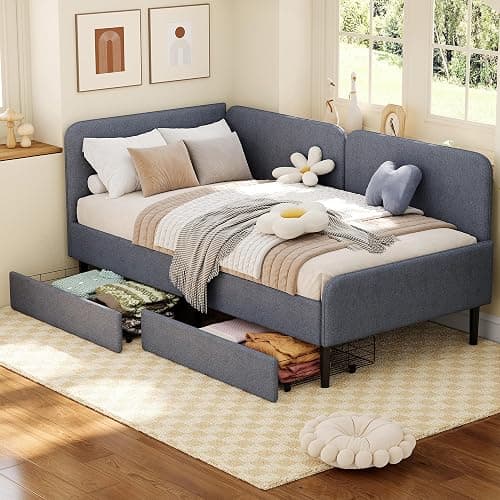 Ailisite Twin Size Corner Bed Frame with 2 Storage Drawers, Twin Size Daybed with Extended Headboard, Upholstered 2-in-One Multifuntion Bed Frame with Guardrails,Modern Bed Frame,Light Grey thumbnail 4
