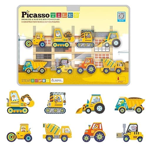 PicassoTiles Magnetic Tile Building Blocks Add On 8 Magnetized Action Figures Construction Vehicles & Zoo Animal Theme Compatible with Magnet Tiles Sets STEM Learning Toy for Boys & Girls Age 3+ PTA21 - Construction