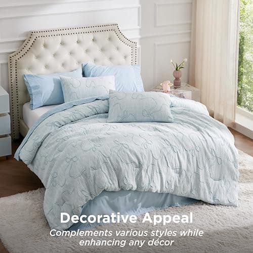 Bedsure Queen Comforter Set, Dusty Blue Boho Tufted Bed Set, 3D Puffy Jacquard Bedding Queen Size, 3 Pieces, 1 Farmhouse Shabby Chic Embroidery Comforter with Bow Pattern & 2 Pillow Cases thumbnail 2