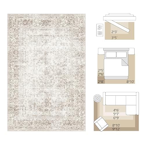 Fmfunctex 8x10 Washable Beige Neutral Vintage Large Living Room Area Rug | Non Slip Low Pile Soft Indoor Tapis Salon Throw Carpet Distressed Farmhouse Retro Floral Pattern Dining Room Bedroom Nursery thumbnail 2