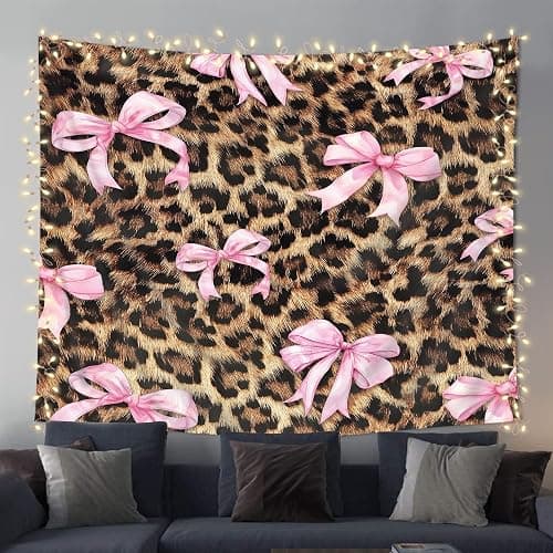 Imirell Pink Bow Leopard Print Tapestry 59Wx51H Inches Girly Modern Panthera Cat Pretty Bownot Sweet Retro Fashion for Lady Woman Art Hanging Bedroom Living Room Dorm Wall Blankets Home Decor Fabric thumbnail 7