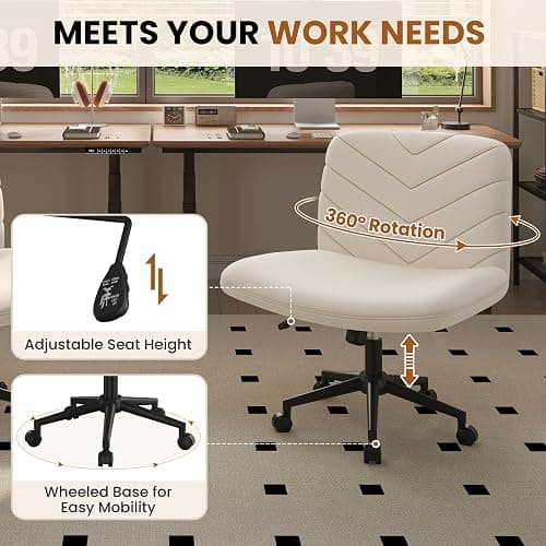 Yaheetech Wide Criss Cross Legged Office Desk Chair with No Wheels, Vanity Comfy Swivel Computer Chairs for Home Office Reading Makeup, Beige thumbnail 9