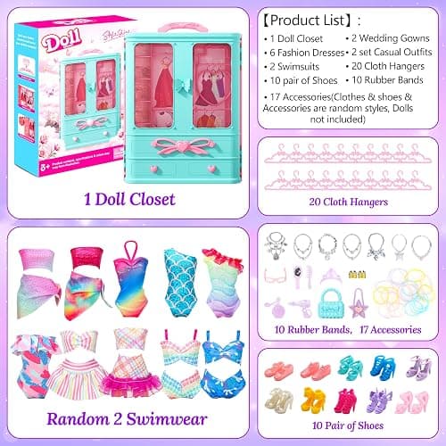 Style Shine 70 Pcs Doll Closet with Clothes & Accessories Including 2 Wedding Gowns 6 Fashion Dresses 2 Casual Outfits 2 Swimsuit 10 Shoes 20 Hangers 27 Accessories,Dress up Toys for Girls Kids Gifts thumbnail 5