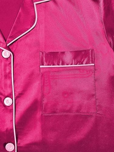 Remidoo Women's Causal Short Sleeve Button Down Satin 2 Piece Pajama Set Sleepwear Loungewear - Medium - Solid Hot Pink thumbnail 5