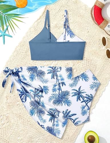 Girls Swimsuit, Bathing Suits 3 Piece Tropical Floral Twist Cross Bikini Sets Girls' Swimwear with Cover Up Skirt 7-16T - 7-8 - Grey Blue Palm thumbnail 6