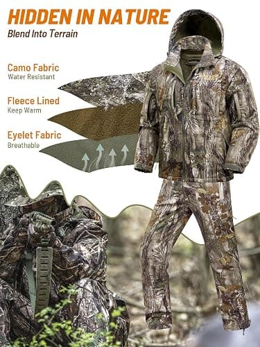 NEW VIEW Camo Hunting Clothes for Men, Quiet Warm Fleece Lining, Cold Weather Deer Hunting Jacket and Pants with Face Mask thumbnail 3