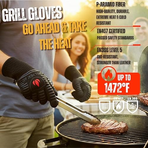 GRILL HEAT AID BBQ Grill Gloves 1472°F - Extreme Heat Resistant Oven Mitts for Grilling, Smoker & Fire Pit with Silicone Grip & EN407 Cut Resistance - Mid Cuff, Black thumbnail 3