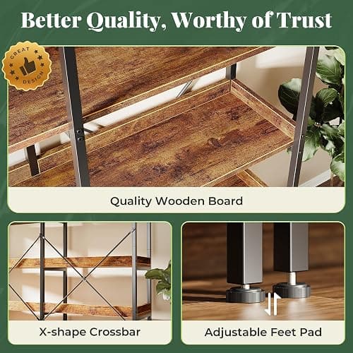Huuger 5 Tier Bookshelf, Display Bookshelf with 10 Open Shelves and Raised Baffle, 47.2 Inch Straight Wide Bookcase with Metal Frame and Wooden Board, Adjustable Feet, Rustic Brown thumbnail 8