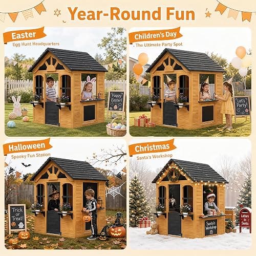 Aoxun Kids Outdoor Playhouse Wood Play House for Kids Ages 3-8 withPet Door | Backyard Cottage Playhouse with Play Kitchen,Snack Bar,Blackboards,Flowerpots,Children Toddler Playground Playset for Garden thumbnail 7
