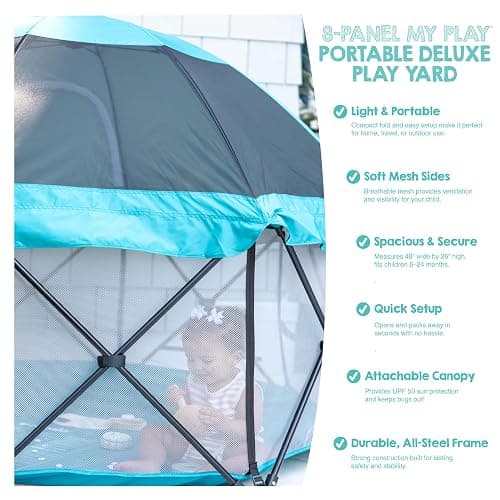 Regalo Safety My Play Deluxe Extra Large Baby Playpen & Portable Play Yard with Canopy, Foldable 8-Panel Indoor Outdoor Playpen for Babies & Toddlers, Mesh Sides, Washable Nylon Bottom, 62", Aqua thumbnail 7