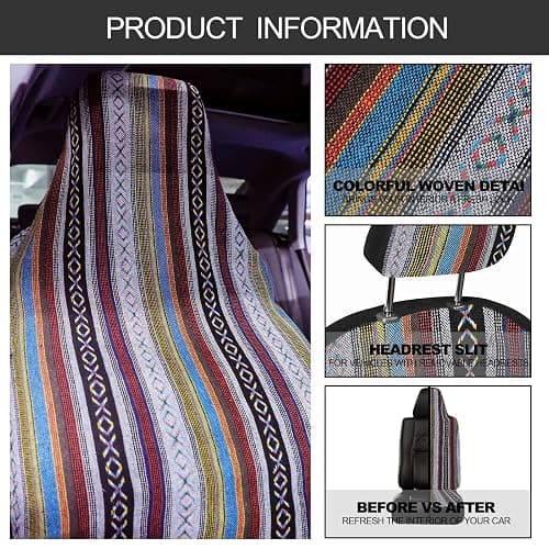 Frienda 14 Pcs Baja Car Seat Covers Full Set Multicolor Stripe Boho Print Steering Wheel Cover Seat Belt Cover Crystal Hanging Ornament Car Holders Fits (Stripe Style) thumbnail 5