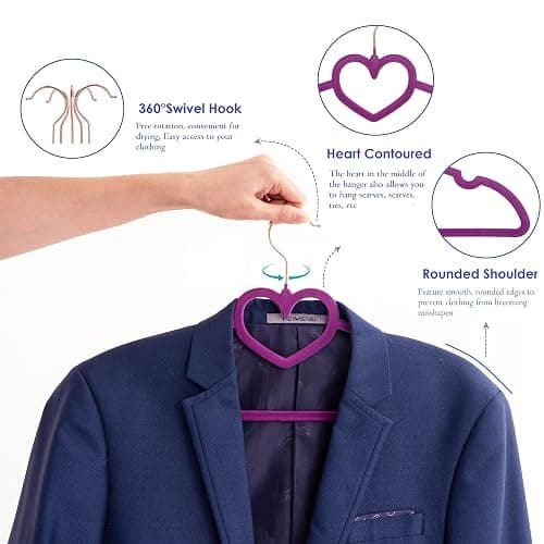 JIUXCF Dark Purple Velvet Hangers 50 Pack, Premium Heart Hanger Non-Slip Felt Hanger, 360° Swivel Rose Gold Hooks, Space Saving Slim Hangar, Durable & Cute Clothes Hanger for Adult thumbnail 5
