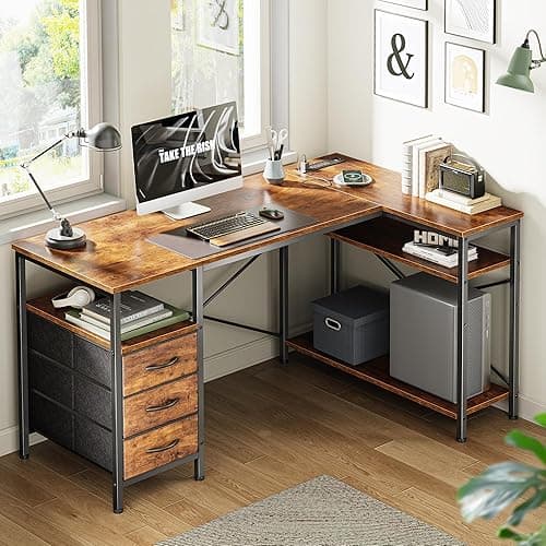 Huuger L Shaped Desk with Power Outlets, Computer Desk with 3 Drawers, 47 Inch Office Desk with Shelves, Gaming Desk, Corner Desk Work Desk for Home Office, Study, Rustic Brown - Rustic Brown - 47inch thumbnail 2