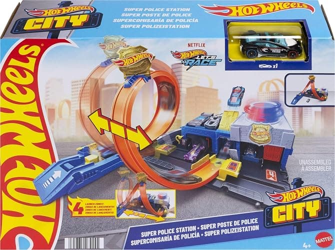 Hot Wheels Toy Car Track Set, Super Police Station Playset with 1:64 Scale Die-Cast Vehicle, Adjustable Loop for Multiple Ways to Race & Stunt thumbnail 7