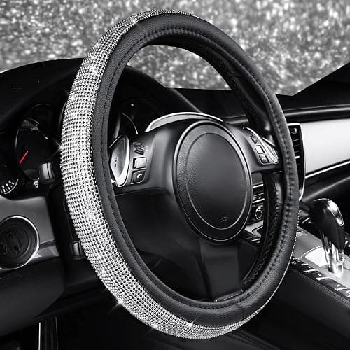CAR PASS Bling Diamond Leather Steering Wheel Cover, with Bling Sparkly Crystal Glitter Rhinestones Universal Fit 14.5in-15in Car Wheel Protector for Women Girl Fit Suvs,Vans,Sedans,Car,Trucks, Silver thumbnail 3