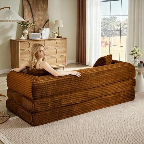 KOPSEE Boneless Couch Versatile Couches for Living Room No-Install Sofa Bed Corduroy Futon Soft Cloud Couch with Pillows for Bedroom Game Movie (Orange) thumbnail 6