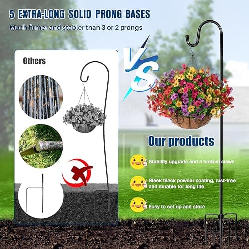 Ottsuls Shepherds Hooks for Outdoor - 60" Heavy Duty Bird Feeder Pole with 5 Prong Base, Adjustable Stand Hanger for Garden Plant, Hummingbird Feeder, Lantern Lights - Haning Wedding Decor (1 Pack) thumbnail 5