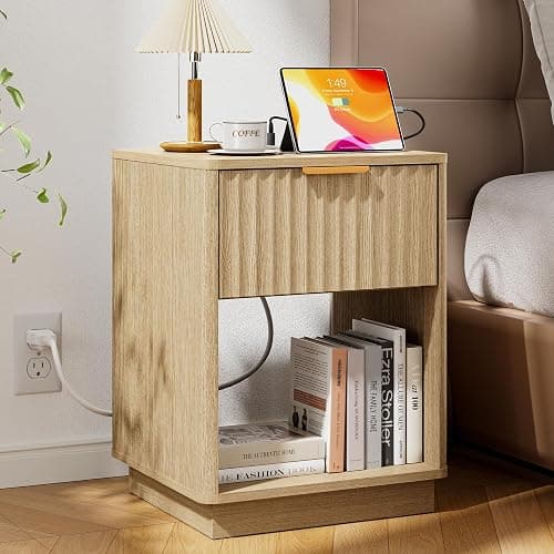 FavourLife 18"W Modern Fluted Nightstand with Charging Station, Natural Oak | Bedroom, Sofa, Home Office, FSC-Certified MDF, Curved Corner, Metal Handle, Open Shelf, Night Stand, End Table,Bed Side Table - Image 1