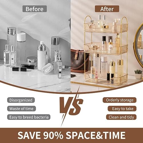 akinbas 3 Tier Bathroom Organizer Countertop Makeup Perfume Tray Skincare Organizer for Bathroom Dresser Vanity (Gold) - Gold - 3 Tier thumbnail 5