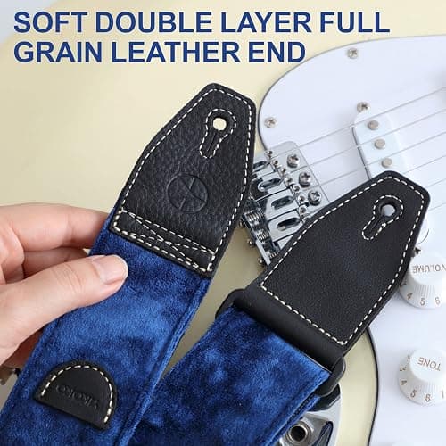 YIKOKO Guitar Strap 2 inch Velvet Guitar Straps with Full Grain Leather End, for Bass Electric and Acoustic Guitars, Free Strap Button, 2 Strap Locks and 4 Guitar Picks thumbnail 3