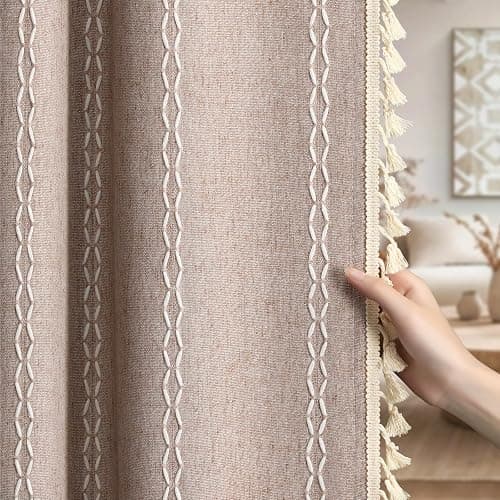 Taupe Boho Blackout Curtains 2 Panels 84 Inch for Living Room Bedroom, Blush Beige Warm Linen Texture Farmhouse Curtains with Tassels and White Cotton Embroidery Vintage Rustic Country Western - Image 1