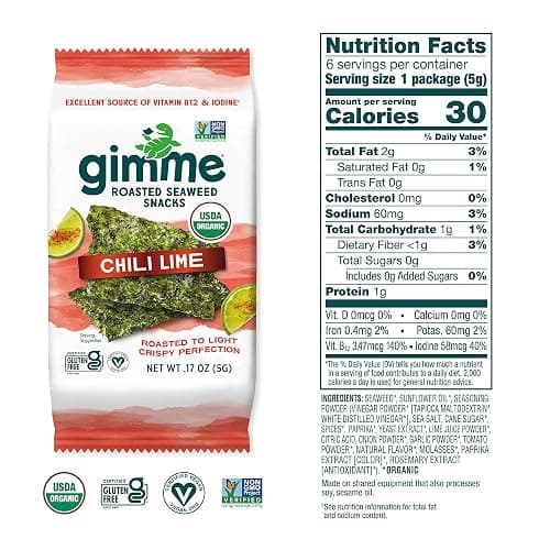Gimme Seaweed Organic Premium Roasted Seaweed Snacks, Chili Lime, 6 Count, Keto, Vegan, Gluten-Free, Great Source of Omega3s and Iodine, Healthy On-The-Go Snack for Kids and Adults thumbnail 6