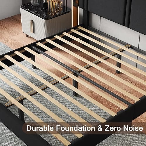 Einhomn Upholstered Queen Size Bed Frame with Linen Fabric Headboard, Strong Wooden Slats Support, Noise Free, No Box Spring Needed, Black thumbnail 6