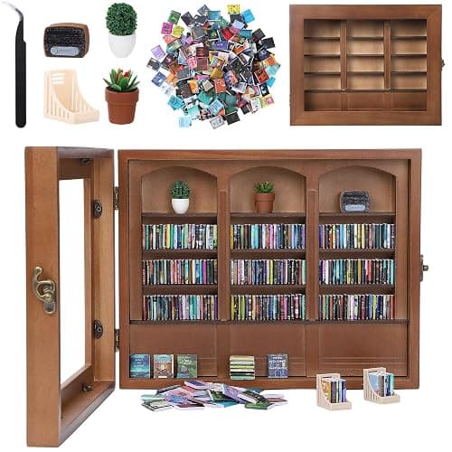 CapyBud Anxiety Bookshelf Mini Books Display for Stress Relief and Fun Decor Small Decorative Miniature Library Potted Plants Mini Radio for Book Lovers Gifts, Home, Office Decor, Walnut Brown, Large - Image 1