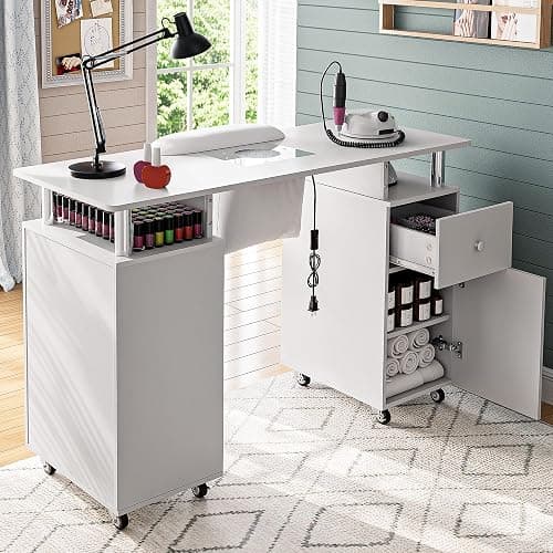 HolaiNail Manicure Table Nail Desk for Nail Tech, Acetone Resistant Beauty Salon Station with Dust Collector, Wrist Pad, Lockable Wheels, Drawer & Cabinet, White thumbnail 7