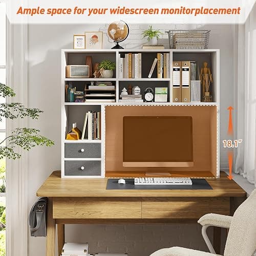 REIBII Desktop Bookshelf, High-Capacity Desk Hutch Organizer with 8 Shelves and 2 Drawers, Adjustable 5-Tier Bookshelf Storage, Home Office Desktop Shelf Stand, Collage Dorm Desk, White thumbnail 5