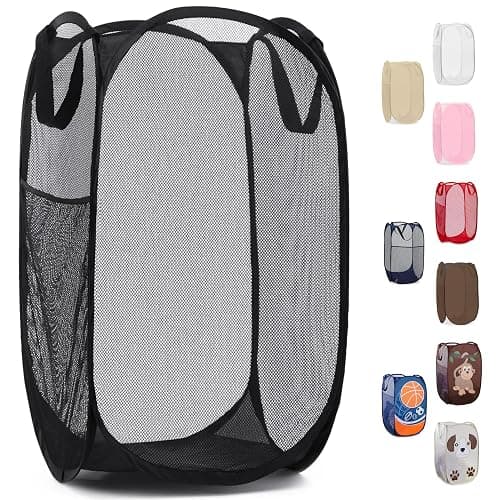 Handy Laundry Collapsible Mesh Pop Up Hamper with Wide Opening and Side Pocket - Breathable, Sturdy, Foldable, and Space-Saving Design for Clothes and Storage (Black) - Image 1