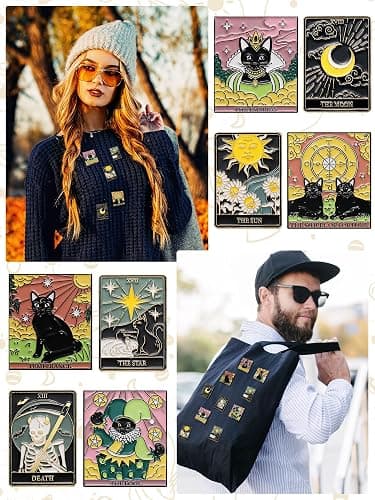 Kacctyen 12 Pieces Tarot Card Enamel Pins Set Divination Lapel Pins Black Cat Lapel Badge for Backpacks Bag Clothing thumbnail 6