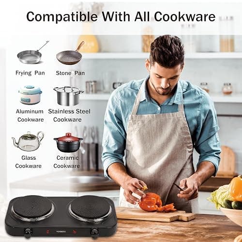 MIOAOTCE Countertop Double Cast Iron Burner 1800 Watts Electric Hot Plate with Adjustable Temperature 6.1" Cooktop for Dorm, Office, Home, Camp, Compatible for All Cookwares thumbnail 5