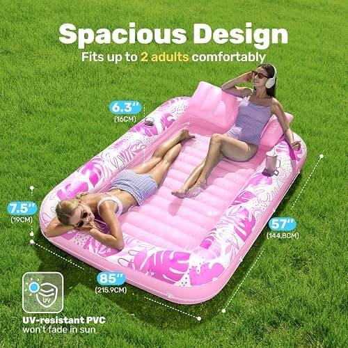SLOOSH Inflatable Tanning Pool Lounger Float, 85" x 57" Extra Large Pool Floats Adult with Pillow, 4 in 1 Suntan Tub Raft Floatie,Sunbathing Bed Lounge for Water Blow Up Ball Pit, XL-Blushing Pink thumbnail 2