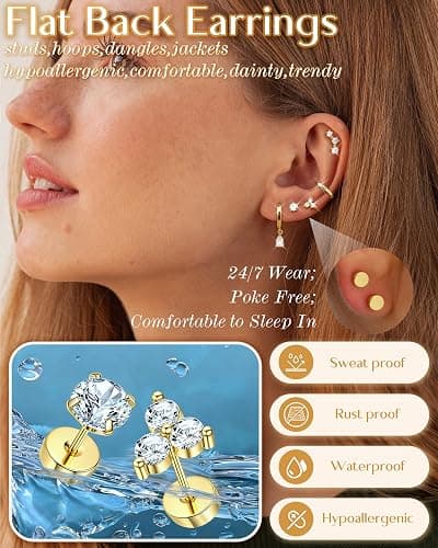 MILACOLATO Hypoallergenic Flat Back Earrings 14K Gold Plated Cartilage Earring Sets for Multiple Piercing 20G Surgical Stainless Steel Earrings for Women Trendy Earring Stacks Small Hoop Flatback Stud Earrings thumbnail 3