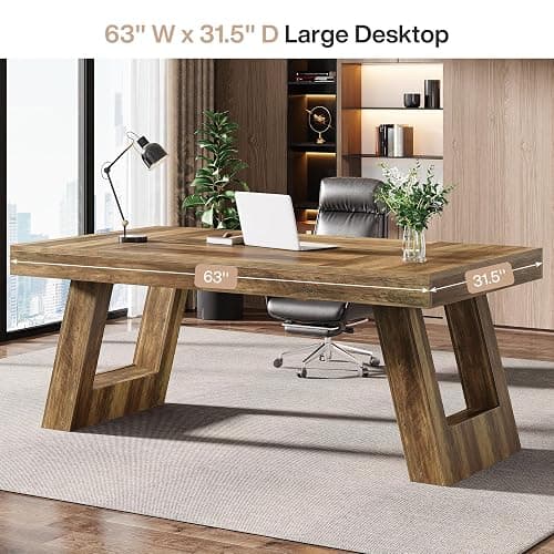 Tribesigns 63 Inches Wood Executive Desk, Large Home Office Computer Desk with Double Pedestal, Industrial Study Writing Table, Business Workstation for PC Laptop, Rustic Brown thumbnail 6