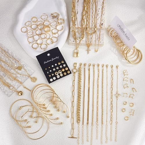 MEDOJO 93 Pcs Golden Jewelry Set for Women Costume Jewelry Pack Golden Plated Necklace Bracelet Stackable Ring Earrings Jewelry Pack for Women thumbnail 3
