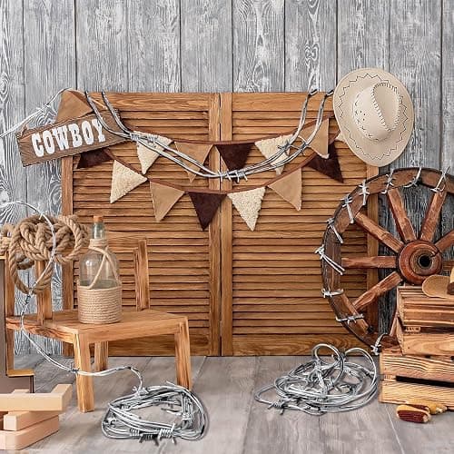 Taiyin 4 Pcs 32.8 Foot Faux Barbed Wire, Silver Plastic Prop Decor | Fake Barbed Wire for Halloween Zombie Horror Party, Western Cowboy Birthday Wreath Ornaments, Realistic Prop Decor thumbnail 5
