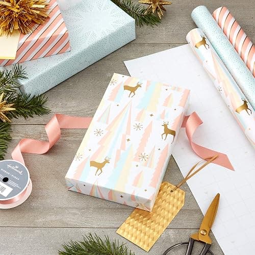 Hallmark Pink Christmas Wrapping Paper with Cut Lines on Reverse (3 Rolls: 120 sq. ft. ttl) Pink, Mint, Gold, Reindeer, Christmas Trees, Snowflakes thumbnail 2