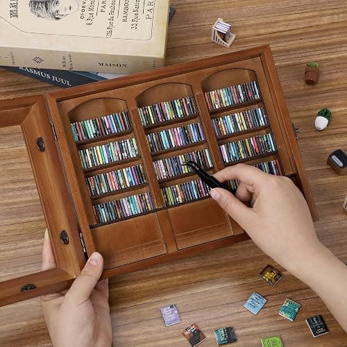 CapyBud Anxiety Bookshelf Mini Books Display for Stress Relief and Fun Decor Small Decorative Miniature Library Potted Plants Mini Radio for Book Lovers Gifts, Home, Office Decor, Walnut Brown, Large thumbnail 2