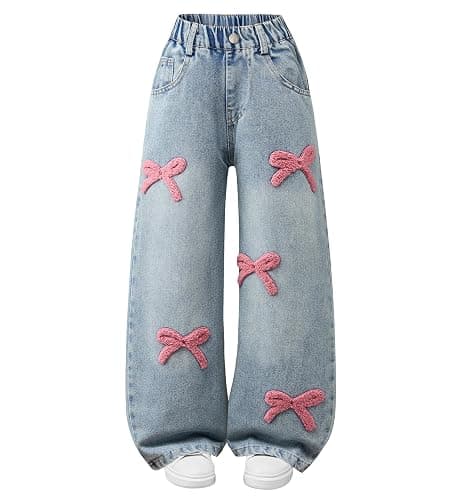 Kidinix Baggy Jeans for Girls Wide Leg Cute Bow Star Jeans Kids Elastic Wasited Denim Pants 5-14Y - Image 1
