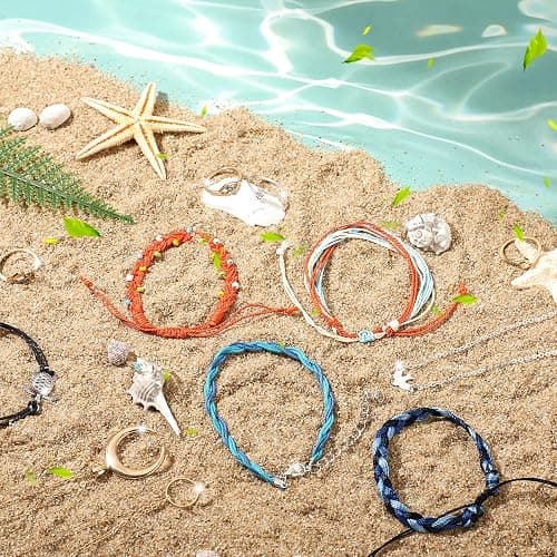 Batiyeer 60 Pcs Boho Surfer Wave Bracelet and Necklace Set for Women, Summer Beach Y2k Layered Choker Anklets Knuckle Rings thumbnail 6