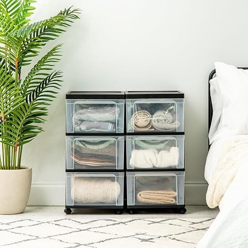 IRIS USA Plastic 3-Drawer Storage Organizer Rolling Cart, with Wheels Casters, 2-Pack, for Classroom Art Supplies Dresser Closet Bathroom Dorm Bedroom Laundry Room, Slim Narrow, Black/Clear - 3 Drawer w/Wheels - Black thumbnail 7