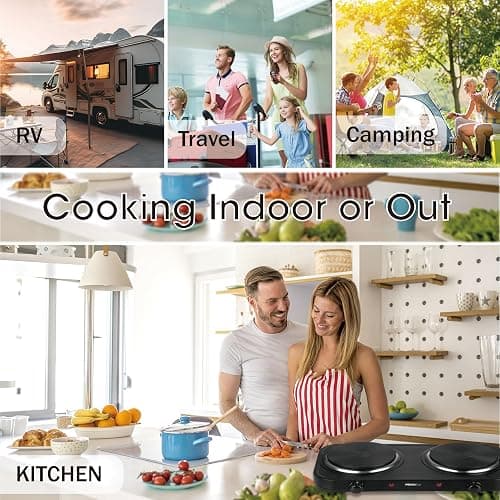 MIOAOTCE Countertop Double Cast Iron Burner 1800 Watts Electric Hot Plate with Adjustable Temperature 6.1" Cooktop for Dorm, Office, Home, Camp, Compatible for All Cookwares thumbnail 6